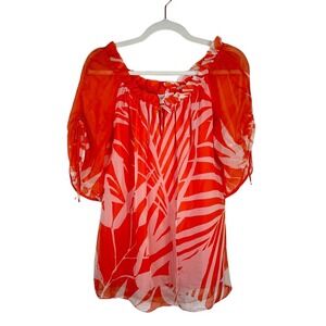 Milly Womens Silk Floral Palm Print Blouse Top Orange Ruched Sleeve‎ Boho Size 4